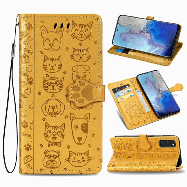 For Galaxy S20 Cute Cat and Dog Embossed Horizontal Flip Leather Case with Bracket / Card Slot / Wallet / Lanyard(Yellow)-garmade.com