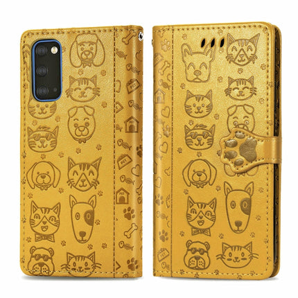 For Galaxy S20 Cute Cat and Dog Embossed Horizontal Flip Leather Case with Bracket / Card Slot / Wallet / Lanyard(Yellow)-garmade.com