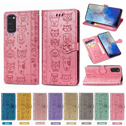 For Galaxy S20 Cute Cat and Dog Embossed Horizontal Flip Leather Case with Bracket / Card Slot / Wallet / Lanyard(Yellow)-garmade.com
