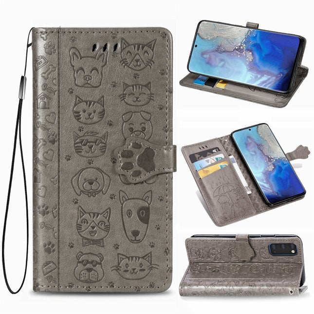 For Galaxy S20 Cute Cat and Dog Embossed Horizontal Flip Leather Case with Bracket / Card Slot / Wallet / Lanyard(Gray)-garmade.com
