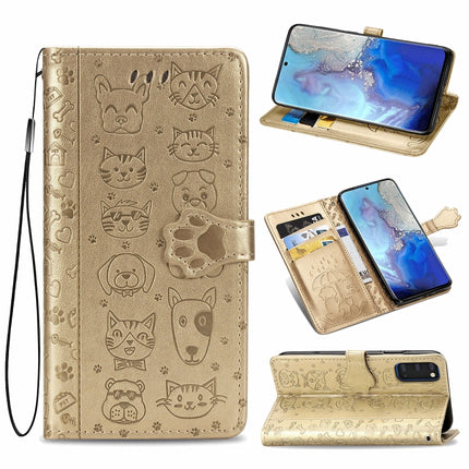 For Galaxy S20 Cute Cat and Dog Embossed Horizontal Flip Leather Case with Bracket / Card Slot / Wallet / Lanyard(Gold)-garmade.com