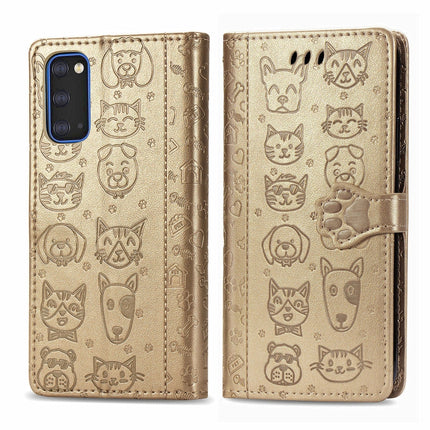 For Galaxy S20 Cute Cat and Dog Embossed Horizontal Flip Leather Case with Bracket / Card Slot / Wallet / Lanyard(Gold)-garmade.com