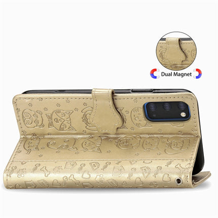 For Galaxy S20 Cute Cat and Dog Embossed Horizontal Flip Leather Case with Bracket / Card Slot / Wallet / Lanyard(Gold)-garmade.com