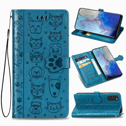 For Galaxy S20 Cute Cat and Dog Embossed Horizontal Flip Leather Case with Bracket / Card Slot / Wallet / Lanyard(Blue)-garmade.com