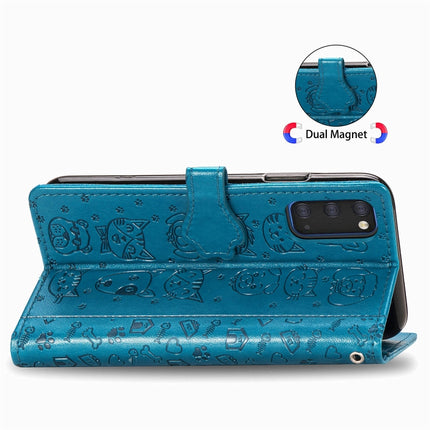 For Galaxy S20 Cute Cat and Dog Embossed Horizontal Flip Leather Case with Bracket / Card Slot / Wallet / Lanyard(Blue)-garmade.com