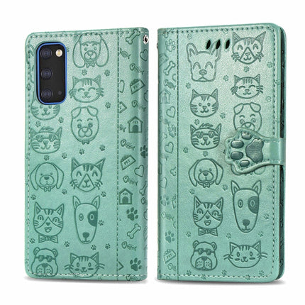 For Galaxy S20 Cute Cat and Dog Embossed Horizontal Flip Leather Case with Bracket / Card Slot / Wallet / Lanyard(Green)-garmade.com
