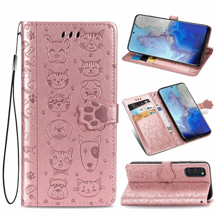 For Galaxy S20 Cute Cat and Dog Embossed Horizontal Flip Leather Case with Bracket / Card Slot / Wallet / Lanyard(Rose Gold)-garmade.com