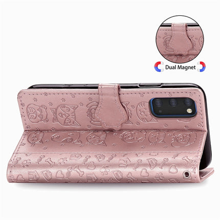 For Galaxy S20 Cute Cat and Dog Embossed Horizontal Flip Leather Case with Bracket / Card Slot / Wallet / Lanyard(Rose Gold)-garmade.com