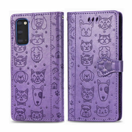 For Galaxy S20 Cute Cat and Dog Embossed Horizontal Flip Leather Case with Bracket / Card Slot / Wallet / Lanyard(Purple)-garmade.com