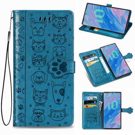 For Galaxy Note 10 Cute Cat and Dog Embossed Horizontal Flip Leather Case with Bracket / Card Slot / Wallet / Lanyard(Blue)-garmade.com