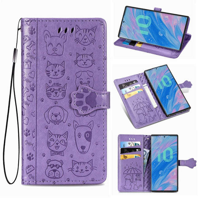 For Galaxy Note 10 Cute Cat and Dog Embossed Horizontal Flip Leather Case with Bracket / Card Slot / Wallet / Lanyard(Purple)-garmade.com