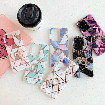 For Galaxy S20 Plating Colorful Geometric Pattern Mosaic Marble TPU Mobile Phone Case Rhinestone Stand Ring(Green PR2)-garmade.com