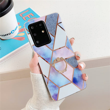 For Galaxy S20 Plating Colorful Geometric Pattern Mosaic Marble TPU Mobile Phone Case Rhinestone Stand Ring(Blue PR4)-garmade.com
