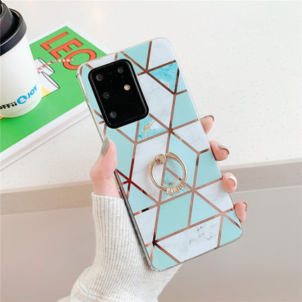 For Galaxy S20 Ultra Plating Colorful Geometric Pattern Mosaic Marble TPU Mobile Phone Case Rhinestone Stand Ring(Green PR2)-garmade.com