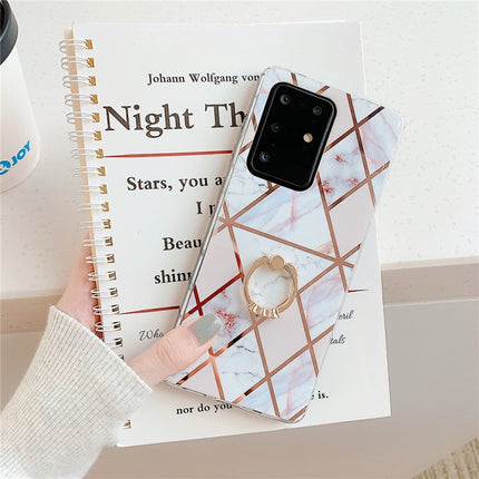 For Galaxy S20 Ultra Plating Colorful Geometric Pattern Mosaic Marble TPU Mobile Phone Case Rhinestone Stand Ring(White PR3)-garmade.com