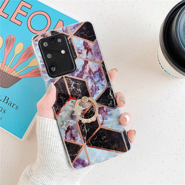 For Galaxy S20 Ultra Plating Colorful Geometric Pattern Mosaic Marble TPU Mobile Phone Case Rhinestone Stand Ring(Black PR6)-garmade.com