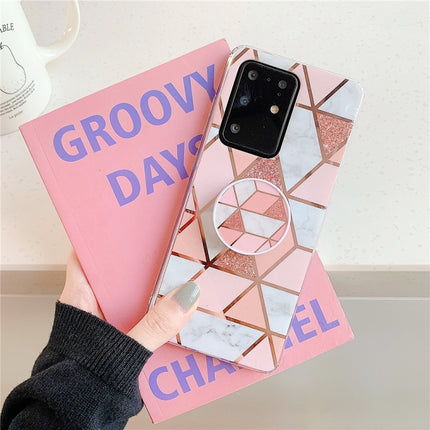 For Galaxy S20 Plus Plating Colorful Geometric Pattern Mosaic Marble TPU Mobile Phone Case with Folding Bracket(Pink PF1)-garmade.com