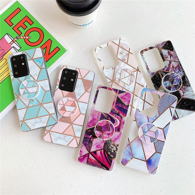 For Galaxy S20 Plus Plating Colorful Geometric Pattern Mosaic Marble TPU Mobile Phone Case with Folding Bracket(Pink PF1)-garmade.com
