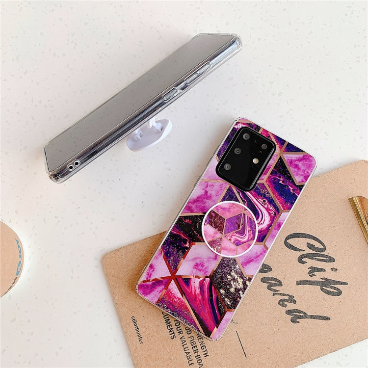 For Galaxy S20 Plus Plating Colorful Geometric Pattern Mosaic Marble TPU Mobile Phone Case with Folding Bracket(Pink PF1)-garmade.com