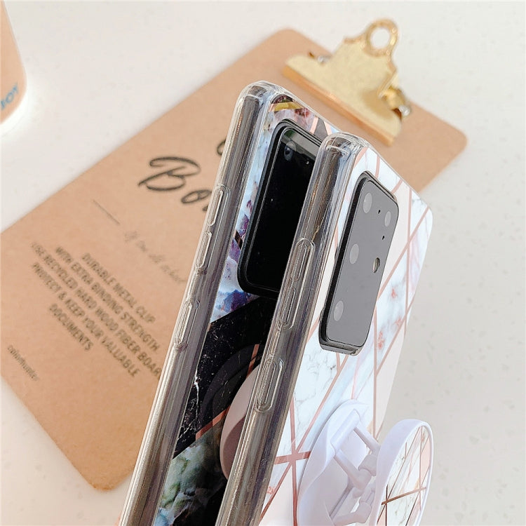 For Galaxy S20 Plus Plating Colorful Geometric Pattern Mosaic Marble TPU Mobile Phone Case with Folding Bracket(Pink PF1)-garmade.com