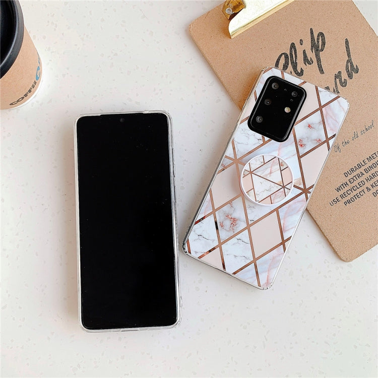 For Galaxy S20 Plus Plating Colorful Geometric Pattern Mosaic Marble TPU Mobile Phone Case with Folding Bracket(Pink PF1)-garmade.com