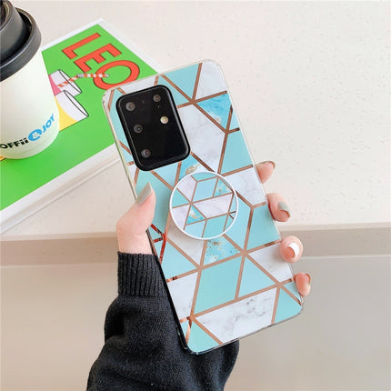 For Galaxy S20 Plus Plating Colorful Geometric Pattern Mosaic Marble TPU Mobile Phone Case with Folding Bracket(Green PF2)-garmade.com