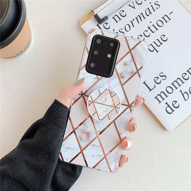For Galaxy S20 Ultra Plating Colorful Geometric Pattern Mosaic Marble TPU Mobile Phone Case with Folding Bracket(White PF3)-garmade.com