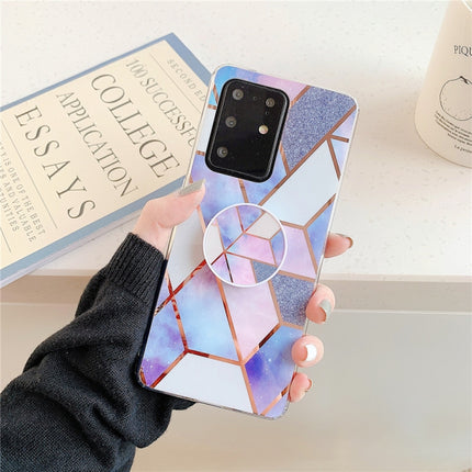 For Galaxy S20 Ultra Plating Colorful Geometric Pattern Mosaic Marble TPU Mobile Phone Case with Folding Bracket(Blue PF4)-garmade.com