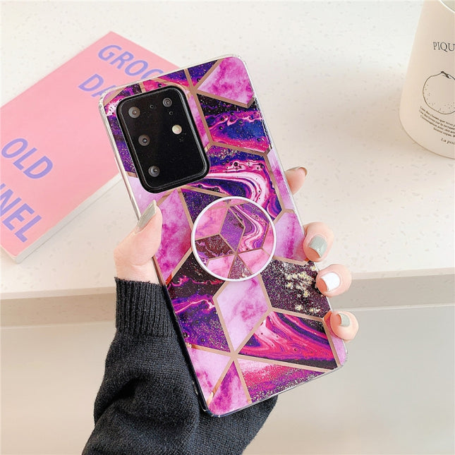 For Galaxy S20 Ultra Plating Colorful Geometric Pattern Mosaic Marble TPU Mobile Phone Case with Folding Bracket(Magenta PF5)-garmade.com