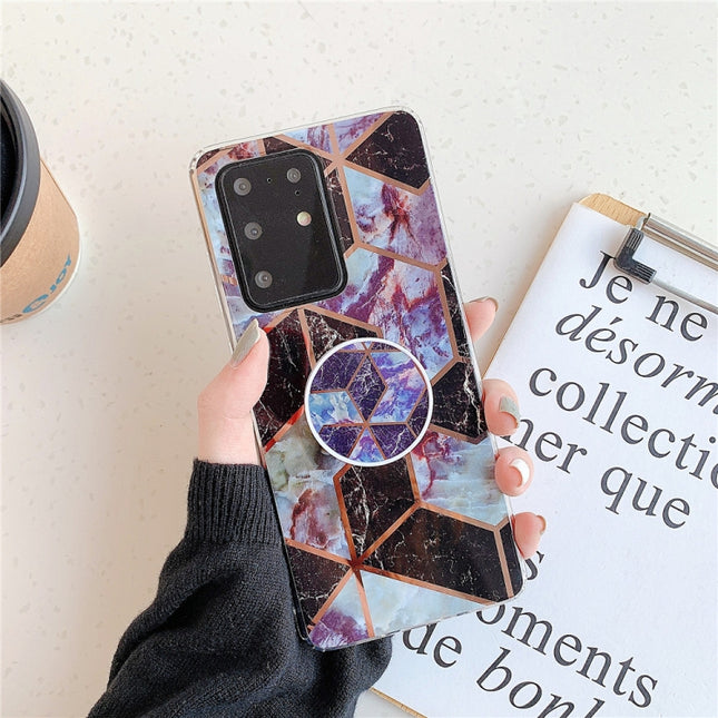 For Galaxy S20 Ultra Plating Colorful Geometric Pattern Mosaic Marble TPU Mobile Phone Case with Folding Bracket(Black PF6)-garmade.com