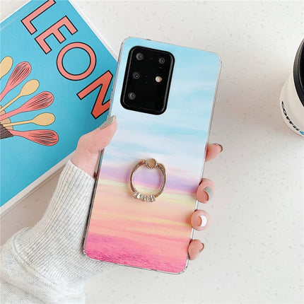 For Galaxy S20 TPU Smooth Marble with Ring Metal Rhinestone Bracket Mobile Phone Protective Case(Rainbow Q16)-garmade.com