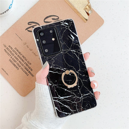 For Galaxy S20 TPU Smooth Marble with Ring Metal Rhinestone Bracket Mobile Phone Protective Case(Black Q30)-garmade.com
