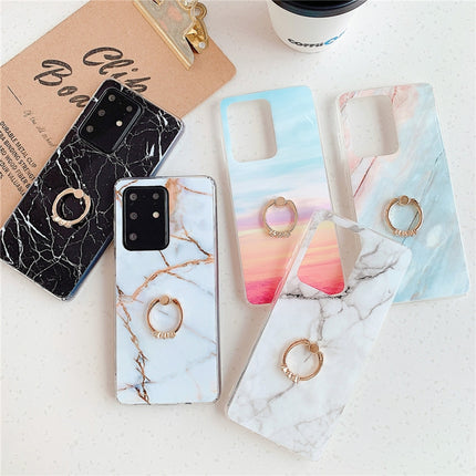 For Galaxy S20 Plus TPU Smooth Marble with Ring Metal Rhinestone Bracket Mobile Phone Protective Case(Gold Q23)-garmade.com