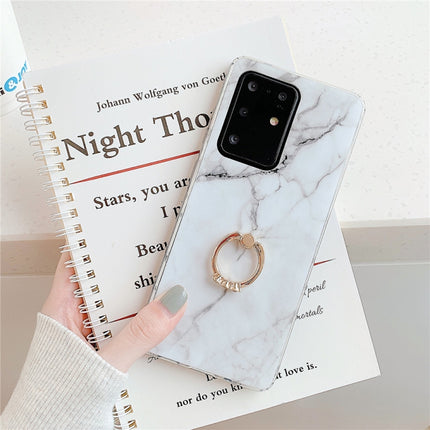 For Galaxy S20 Ultra TPU Smooth Marble with Ring Metal Rhinestone Bracket Mobile Phone Protective Case(White Q1)-garmade.com