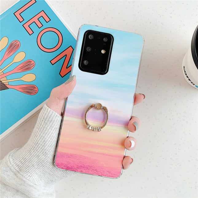 For Galaxy S20 Ultra TPU Smooth Marble with Ring Metal Rhinestone Bracket Mobile Phone Protective Case(Rainbow Q16)-garmade.com