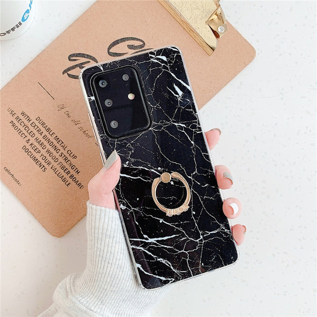 For Galaxy S20 Ultra TPU Smooth Marble with Ring Metal Rhinestone Bracket Mobile Phone Protective Case(Black Q30)-garmade.com