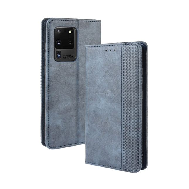 For Galaxy S20 Ultra/S20 Ultra 5G Magnetic Buckle Retro Crazy Horse Texture Horizontal Flip Leather Case , with Holder & Card Slots & Photo Frame(Blue)-garmade.com