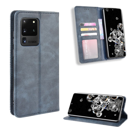For Galaxy S20 Ultra/S20 Ultra 5G Magnetic Buckle Retro Crazy Horse Texture Horizontal Flip Leather Case , with Holder & Card Slots & Photo Frame(Blue)-garmade.com