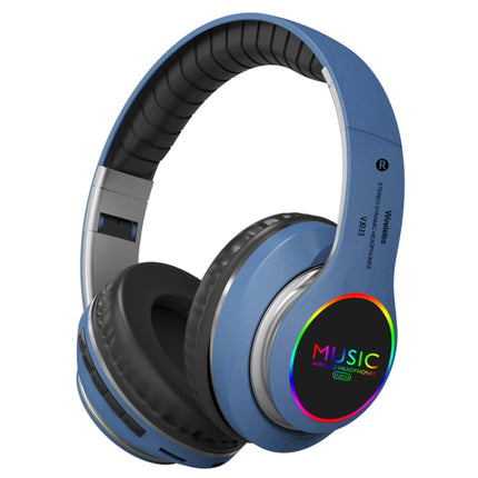 VJ033 Multi-function Upgrade Bluetooth 5.0 Headset Stereo Wireless LED Microphone FM Radio Headset(Blue)-garmade.com