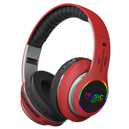 VJ033 Multi-function Upgrade Bluetooth 5.0 Headset Stereo Wireless LED Microphone FM Radio Headset(Red)-garmade.com