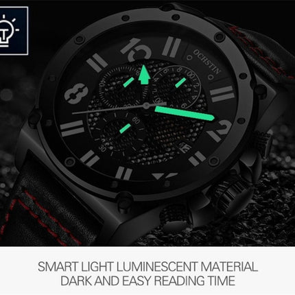 Ochstin 6122 Multi Function Quartz Watch Sports Luminous Waterproof Watch Calendar Leather Men Watch(Silver Black)-garmade.com