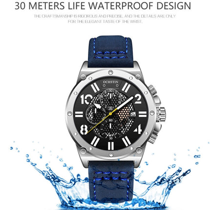 Ochstin 6122 Multi Function Quartz Watch Sports Luminous Waterproof Watch Calendar Leather Men Watch(Silver Black)-garmade.com