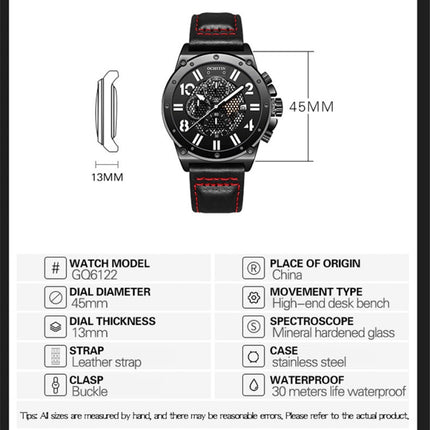Ochstin 6122 Multi Function Quartz Watch Sports Luminous Waterproof Watch Calendar Leather Men Watch(Blue)-garmade.com