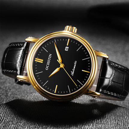 Ochstin 2024 Automatic Mechanical Watch Men Waterproof Calendar Leather Business Mechanical Men Watch(Golden Black)-garmade.com
