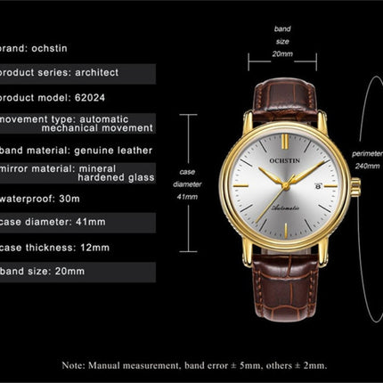 Ochstin 2024 Automatic Mechanical Watch Men Waterproof Calendar Leather Business Mechanical Men Watch(Coffee)-garmade.com