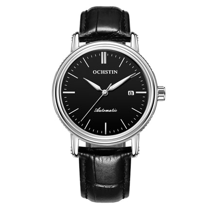 Ochstin 2024 Automatic Mechanical Watch Men Waterproof Calendar Leather Business Mechanical Men Watch(Silver Black)-garmade.com