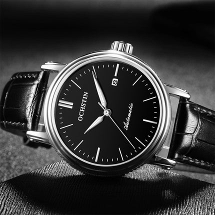 Ochstin 2024 Automatic Mechanical Watch Men Waterproof Calendar Leather Business Mechanical Men Watch(Silver Black)-garmade.com