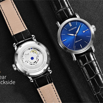 Ochstin 2024 Automatic Mechanical Watch Men Waterproof Calendar Leather Business Mechanical Men Watch(Blue)-garmade.com