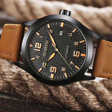 Ochstin 62028 Fashion Fully Automatic Mechanical Watch Waterproof Men Leisure Mechanical Watch Calendar Leather Watch(Coffee)-garmade.com