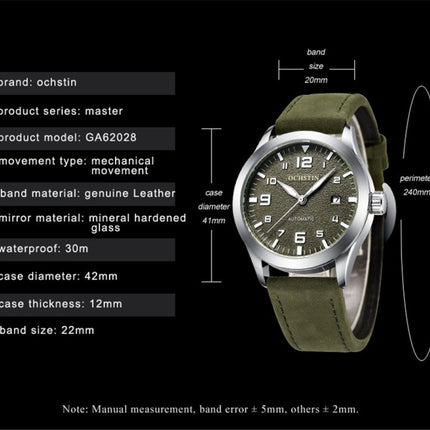 Ochstin 62028 Fashion Fully Automatic Mechanical Watch Waterproof Men Leisure Mechanical Watch Calendar Leather Watch(Coffee)-garmade.com